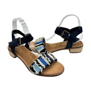 Toms Camilia Navy Suede Coup Denim Neutral Fringe Block Heel Summer Sandals